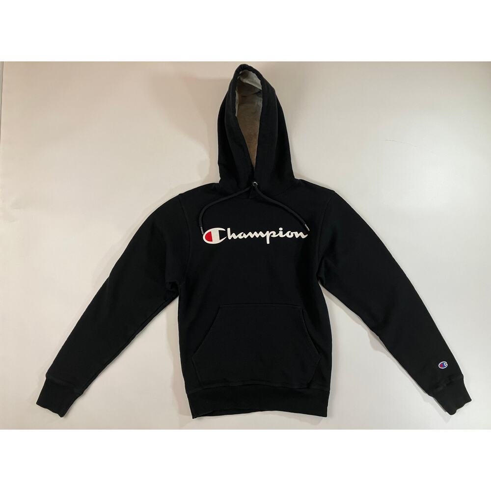 Champion Powerblend Men XS Black Script Logo Pullover Hoodie GF89H BKC